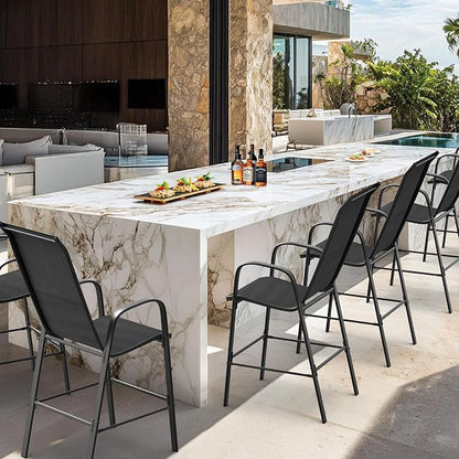 VINGLI Set of 2 Stackable Outdoor Bar Stools – Sling Chairs with High Back & Armrests, for Lawn, Garden, Bar, Black