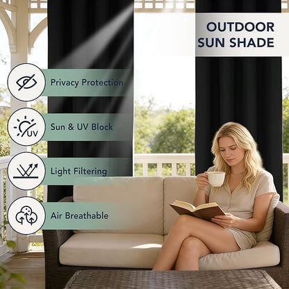 Black Outdoor Curtains for Patio Waterproof - 6 Panels Privacy Weatherproof Outside Curtains with Grommets for Pergola, Gazebo, Porch, Cabana, Balcony, 54 x 95 Inch