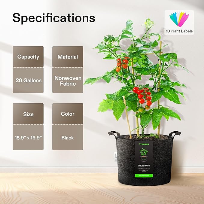 VIVOSUN 5-Pack 20 Gallon Plant Grow Bags, Heavy Duty Thickened Nonwoven Fabric Pots with Handles