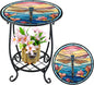 Outdoor Side Table Round Small Mosaic Patio Accent Indoor End Plant Coffee Tea Table for Yard Patio Porch Garden Living Room, Bedroom(Dragonfly Style,14 Inch)
