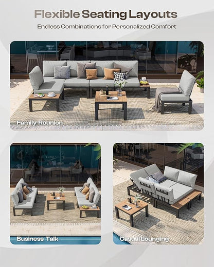 Aluminum Outdoor Patio Sofa Set, 2 Seats Modular Sectional Single Seat Sofa Chairs with Removable Cushions, All-Weather Outdoor Conversation Sets for Garden & Yard, Gray