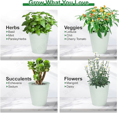 Herb Garden Planter Indoor Kit – 6 Metal Pots with 2 Trays for Windowsill & Kitchen Counter – Modern Decorative Indoor Planters for Herbs, Succulents & Small Plants, Mint