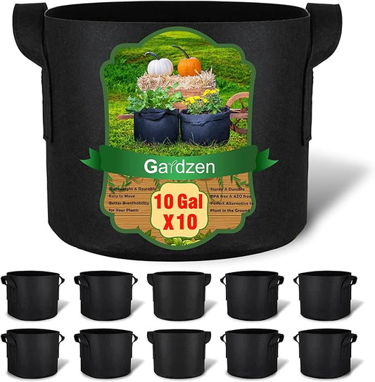 Gardzen 10-Pack 10 Gallon Grow Bags, 300G Thickened Aeration Fabric Pots with Handles, Heavy Duty Cloth Pots for Plants