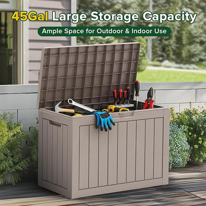 EasyUp 45 Gallon Outdoor Storage Box Waterproof, UV Resistant Deck Box Outdoor, Lockable Resin Deck Boxes for Garden Tools Equipment and Cushions, Gray