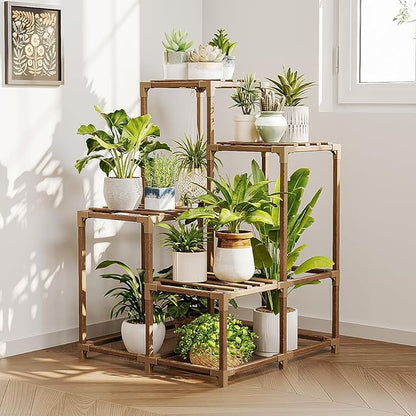 Bamworld Plant Stand Indoor Outdoor Corner Shelf Plant Holder 4-Pot Flower Stand Wood Plant Rack Indoor Multiple Plants Patio Balcony Garden Livingroom
