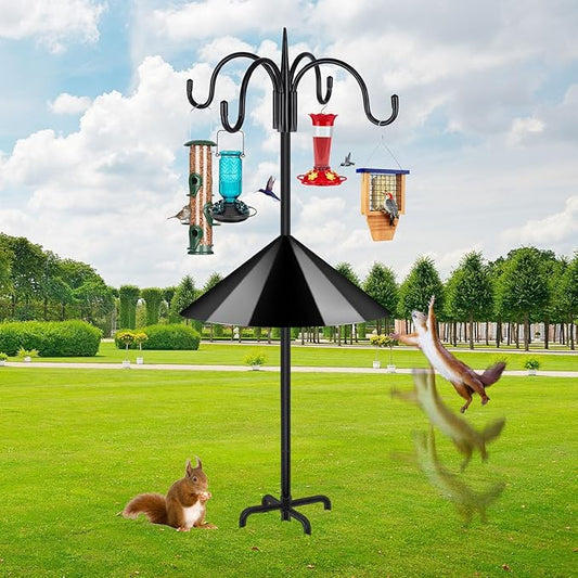 FEED GARDEN 4-Hook Squirrel-Proof Bird Feeder Pole - 92" Heavy-Duty Shepherd's Hook with 5-Prong Base & 19" Baffle for Multiple Feeders & Plants