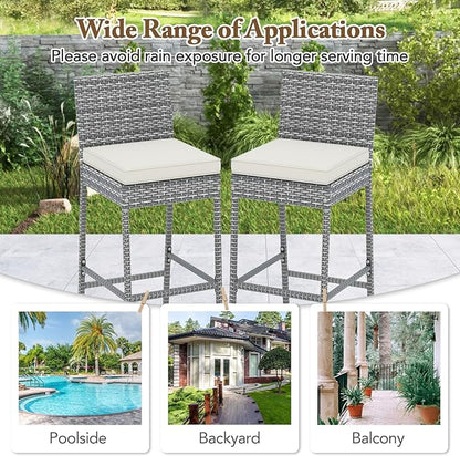 HAPPYGRILL Patio Wicker Barstools Set of 4, Outdoor Bar Height Chair w/Soft Seat Cushion & Cozy Footrest, Heavy-Duty Metal Frame, 400 lbs Max Load, Rattan Armless Bar Chairs