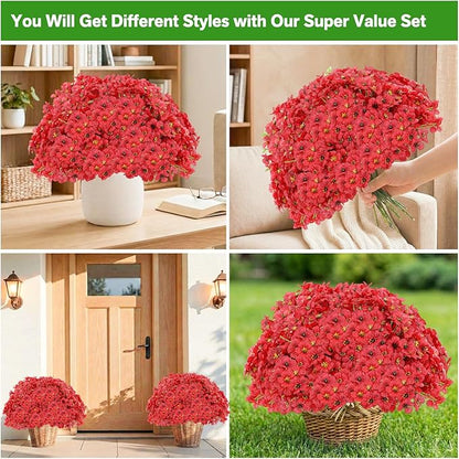 60 Pack Artificial Flowers for Outdoor Indoor Fake Plants, Faux Silk Flowers for Outdoors Outside Front Porch Hanging Planter Window Box Garden Spring Decoration(Red)