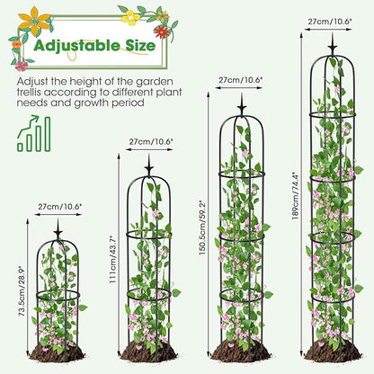 Tower Obelisk Garden Trellis for Climbing Plant，6.2FT/74.4" Rustproof Metal Potted Plant Climbing Support for Indoor Outdoor Flowers Vegetable Fruits Vines Support (2Pcs)