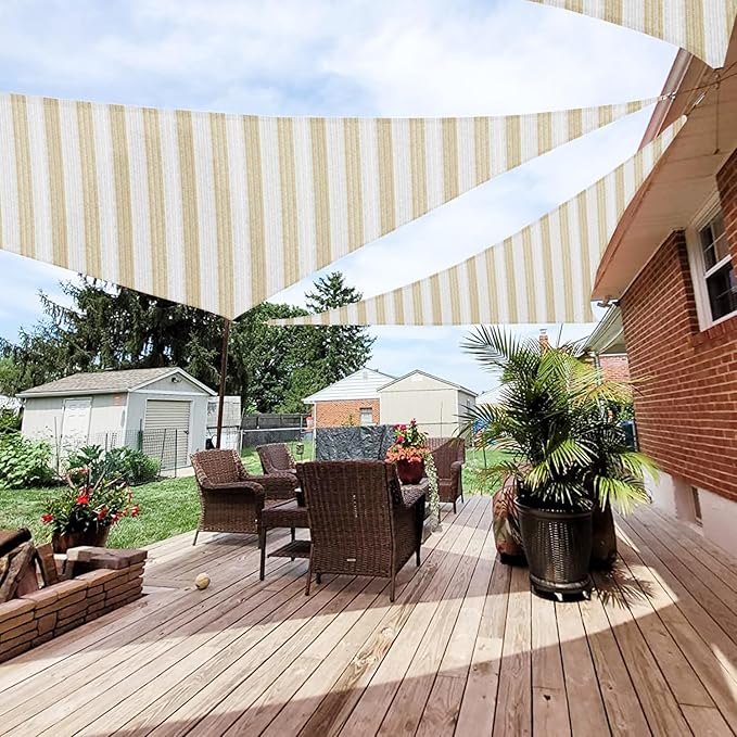 Patio Paradise 23' x 23' x 23' Sun Shade Sail Triangle Canopy Shade Cloth Fabric Sunlight Block Patio Pergola Cover HDPE Deck Awning for Outdoor Backyard Roof Shading, Beige White Strip