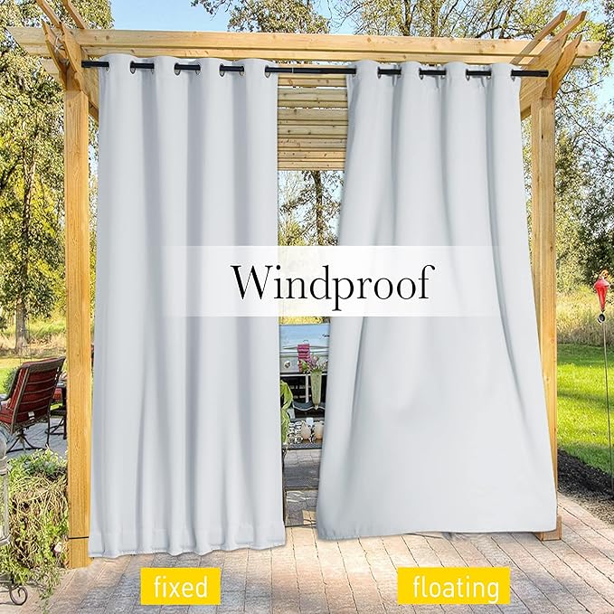 NICETOWN 2 Panels Outdoor Curtains for Patio Waterproof & Windproof, Extra Wide Grommet & Back Tab on Top & Bottom Thermal Insulated Sun Blocking Drapes with Rope for Deck, Greyish White, W100 x L108
