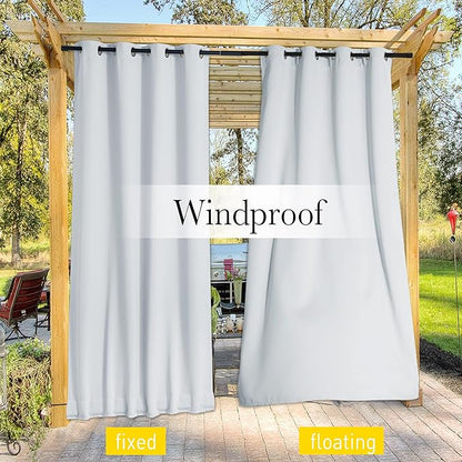 NICETOWN 2 Panels Outdoor Curtains for Patio Waterproof & Windproof, Extra Wide Grommet & Back Tab on Top & Bottom Thermal Insulated Sun Blocking Drapes with Rope for Deck, Greyish White, W100 x L108