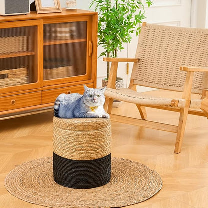 Wimarsbon Round Pouf Ottomans, Handwoven Natural Water Hyacinth Seagrass Pouffe,Outdoor Rattan Stool Accent Seat, Bohemian Coastal Home Decor (Storage -14inch Natural Cattail & Black Corn Shell)