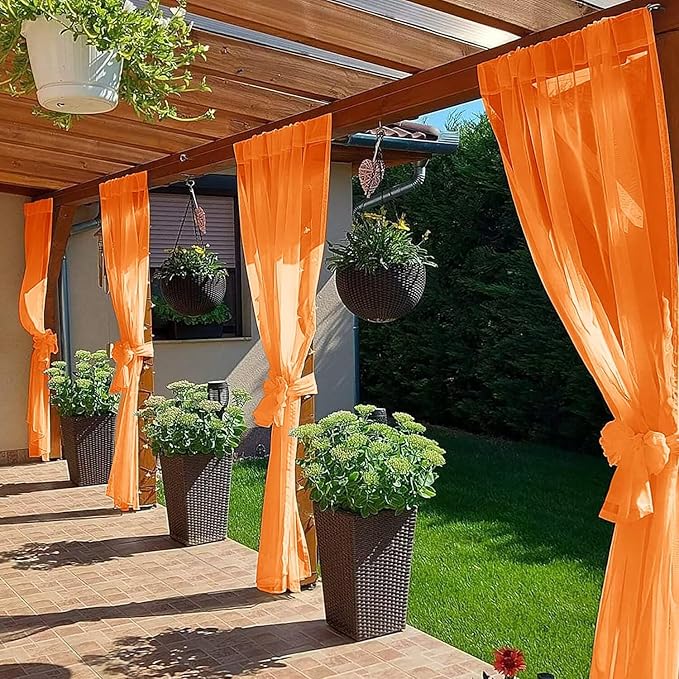 SpaceDresser Waterproof Outdoor Sheer Curtains for Patio - 2 Panels Rod Pocket Indoor Voile Sheer Curtain for Living Room,52W x 96L inch, Orange