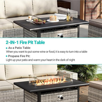 13-Piece Outdoor Patio Furniture Set with 55,000 BTU Fire Pit Table, PE Wicker Rattan Sectional Sofa Patio Conversation Set with Coffee Table, White