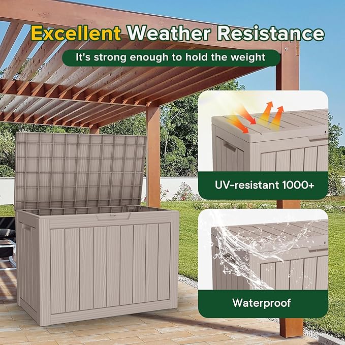 DRATO 45 Gallon Deck Box, Outdoor Storage Box for Patio Furniture, Patio Cushions, Gardening Tools, Pool Supplies 480lbs Weight Capacity,Waterproof Resin Storage Boxes (Light Brown, 45Gal)