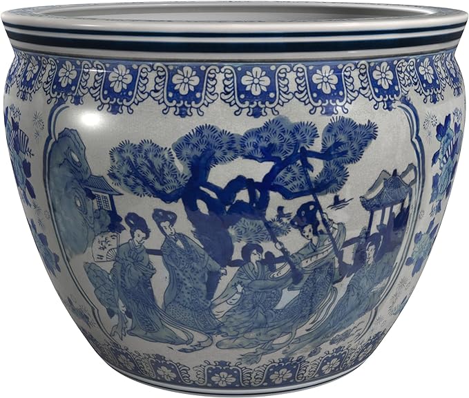 Red Lantern Large 20" Ladies Blue & White Porcelain Fishbowl Planter or Cachepot for Indoor/Outdoor Use in Garden Entryway Living Room Boho Eclectic Modern Contemporary Classic Traditional Style Decor