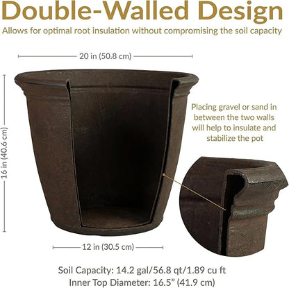 Sunnydaze 20-Inch Anjelica Large Plastic Pot for Plants - Outdoor Double-Walled Large Plastic Planter with Drillable Drainage Holes - Sable