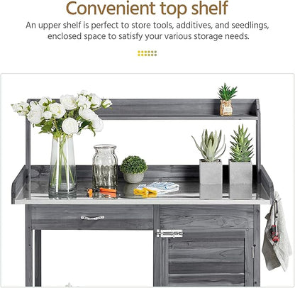 Yaheetech Outdoor Potting Bench Table, Garden Workstation w/Metal Tabletop/Cabinet Drawer/Open Top/Lower Shelf/Handy Hooks for Horticulture,Gray