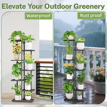 iDavosic.ly Plant Stand with Grow Light Indoor Outdoor, 6-Tier Tall Metal Flower Shelf for Heavy-Duty Large Planters, Corner Orchid Display Rack for Living Room Balcony Patio Porch, Modern Black