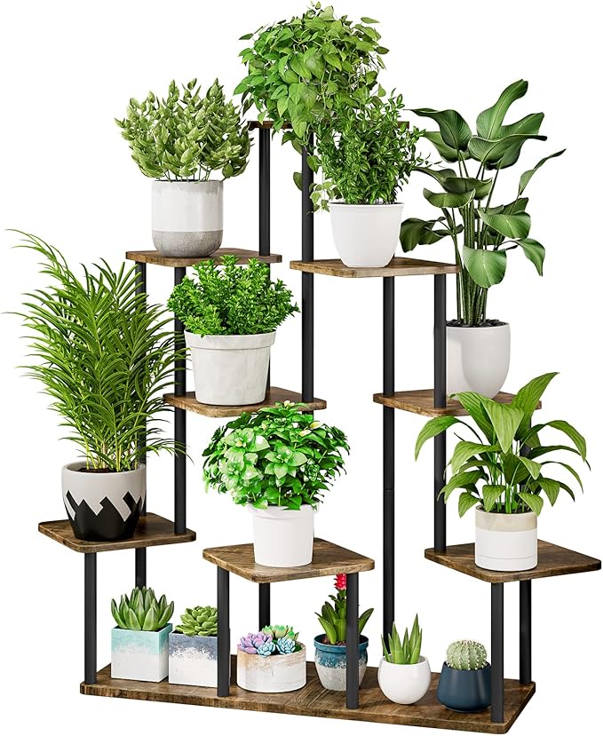 AZERPIAN Plant Stand 9 Tier Indoor Metal Flower Shelf for Multiple Plants Corner Tall Flower Holders for Patio Garden Living Room Balcony Bedroom, Black+Rustic Brown