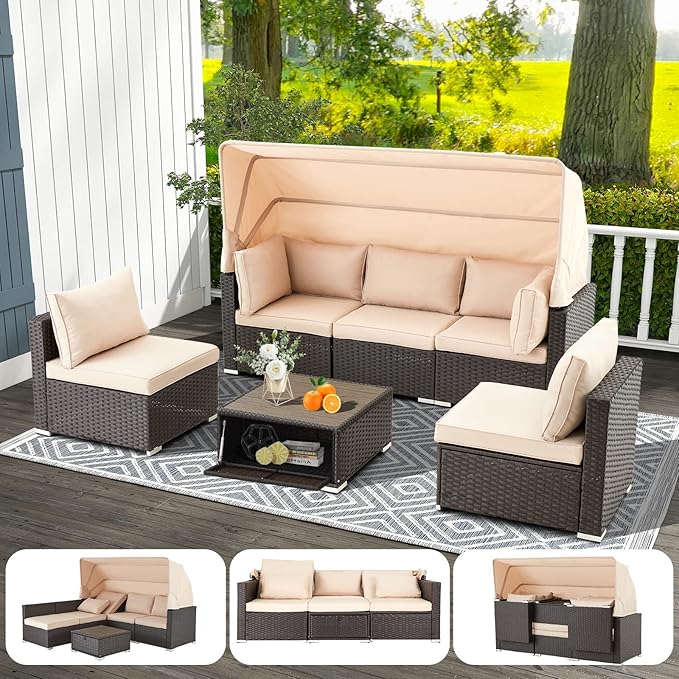 HOMREST 6 Pieces Patio Furniture Sets, Rattan Daybed with Retractable Canopy, Outdoor Sectional Sofa Set with Adjustable Backrest, Chaise Chair Sunbed for Garden Poolside Backyard (Khaki)