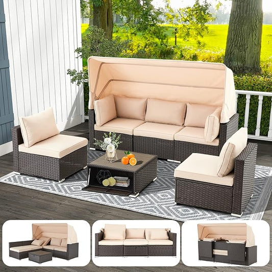HOMREST 6 Pieces Patio Furniture Sets, Rattan Daybed with Retractable Canopy, Outdoor Sectional Sofa Set with Adjustable Backrest, Chaise Chair Sunbed for Garden Poolside Backyard (Khaki)