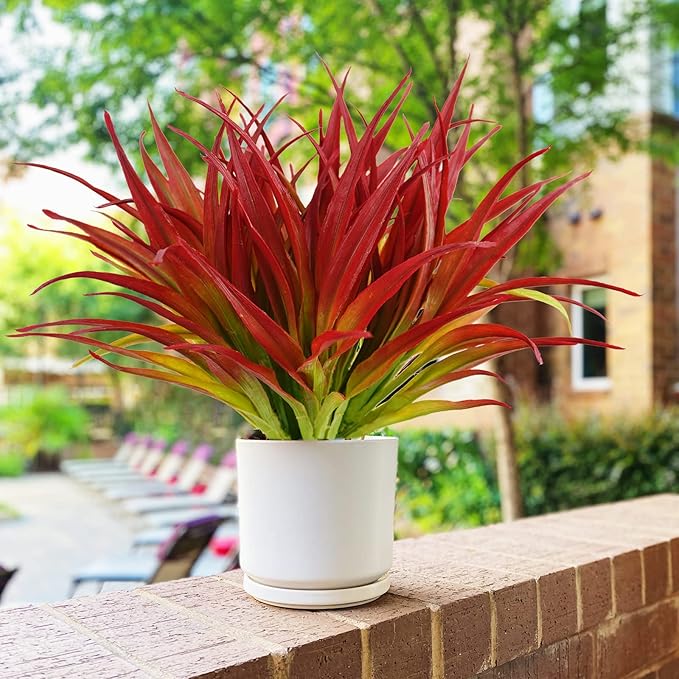 16Pcs Artificial Grass Fake Plants 17.3in Outdoor Plants UV Resistant Greenery Stems Fake Grass for Home Window Garden Office Patio Pathway Front Porch Décor Light Green & Red