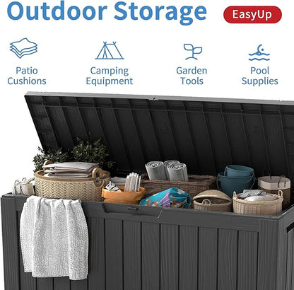 EasyUp 85 Gallon Outdoor Storage Box, Resin Waterproof UV-Resistant Deck Box, Reinforced Stability for Patio, Garden, and Poolside, Striped Black