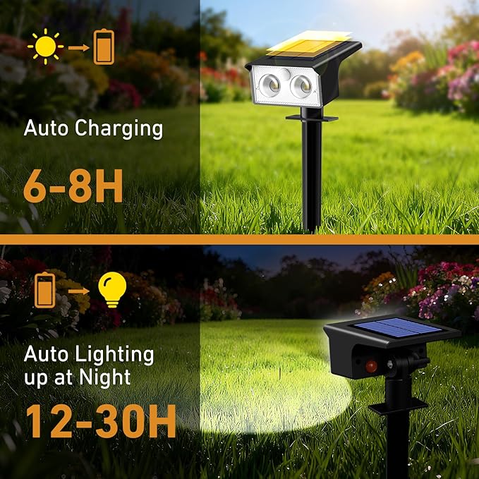 btfarm Solar Spot Lights Outdoor Waterproof, 4 Pack/3 Modes Motion Sensor Lights, Solar Powered Spotlights 2-in-1 Auto On/Off for Outside Pathway Yard Garden Lighting, Cool White