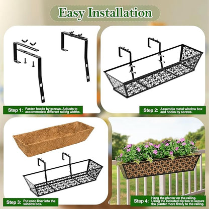 SPECILITE 30" Window Boxes Planters, Heavy Duty Metal Railing Planter Boxes, Adjustable Balcony Planters for Railing Hanging, with Coco Liner & Tool Set for Deck, Porch, and Patio Gardening (6 Pack)