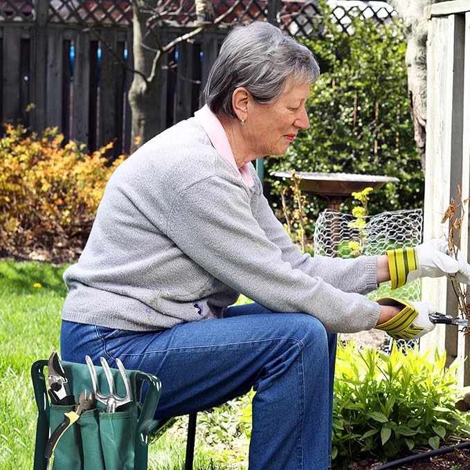 2-in-1 Garden Kneeler & Seat, Folding Seat w/EVA Foam Kneeling Pad & Removable Tools Pouch, Sturdy Steel Frame, No Assembly, Portable Heavy Duty Garden Stool for Women & Men