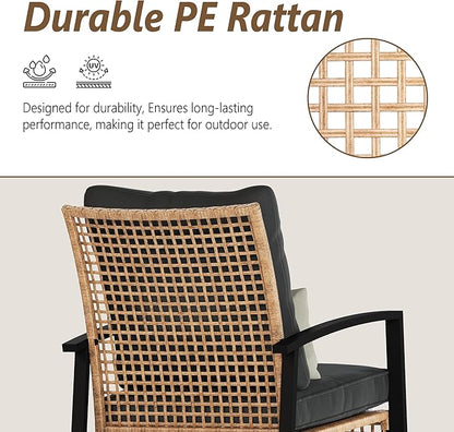 3 Piece Patio Rocking Chairs Set of 2, Outdoor Rocking Chair Bistro Set with Tempered Glass Coffee Table and Thick Lumbar Pillow Set, Front Porch Chairs for Garden, Backyard (Gray Cushion)