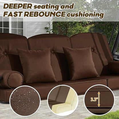 3 in 1 Outdoor Porch Swing with Canopy, 3 Seat Outdoor Swing for Adults, Patio Swing Chair with Thickened Cushions,Pillows & Cup Holders for Backyard, Porch, Garden (Brown)