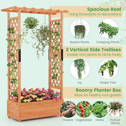 Giantex Raised Garden Bed with Trellis & Hanging Roof, Wood Planter Box with Bottom and Drainage Holes, Freestanding Garden Planter for Flower Vegetable Fruit Herb Climbing Vines, 43.5"x17.5"x72"