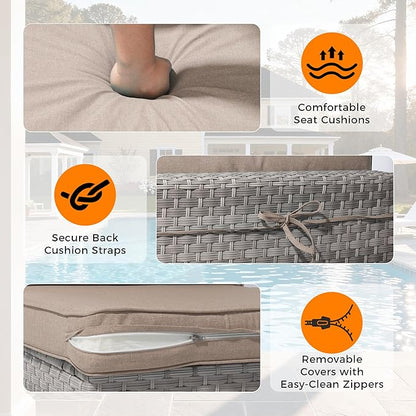 6-Seat Modern Outdoor Wicker Rattan Patio Furniture Set with 55,000 BTU Fire Pit Table, Thick 4″ Cushions, All-Weather Dual-Strand Rattan, Rust-Resistant Steel Frame,Beige