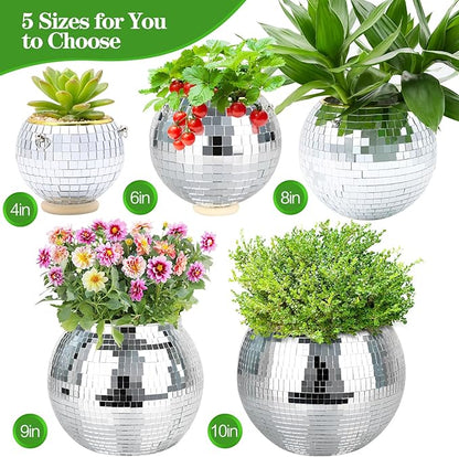 Disco Ball Planter, 8" Silver Disco Ball Planter, Disco Ball Plant Hanger with Hanging Rope, Hanging Chain, Hook, Circle and Extra Mirror Pieces