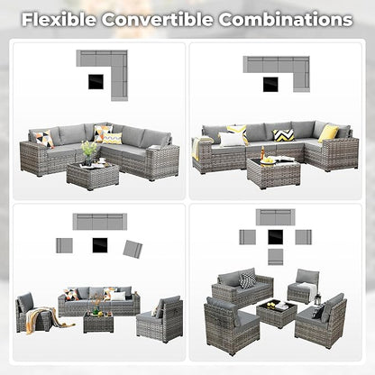 ovios 6 Pieces Patio Furniture Set, Outdoor Wicker Sectional Sofa with Glass Table Comfy Cushions, Modern Modular Deep Seat Couch Rattan Conversation Set, Dark Grey
