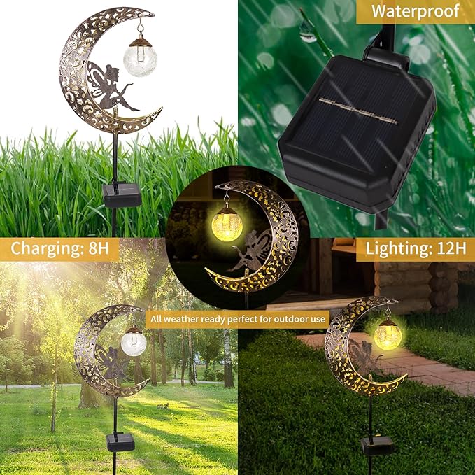 Solar Garden Lights Outdoor Decor,Moon Fairy Crackle Glass Lights,Waterproof Warm White LED Metal Stake Ornament,for Walkway Backyard Patio Lawn Pathway Decorations-Unique Gift Ideas for Gardening