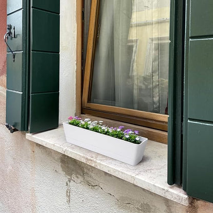 GREANER Window Boxes Planters, 3PCS 16x3.8 Inch Large Herb Planters with Tray, Indoor Succulent Cactus Flowers Vegetable Plastic Rectangle Pots for Balcony, Office, Garden, Outdoor, Windowsill (White)