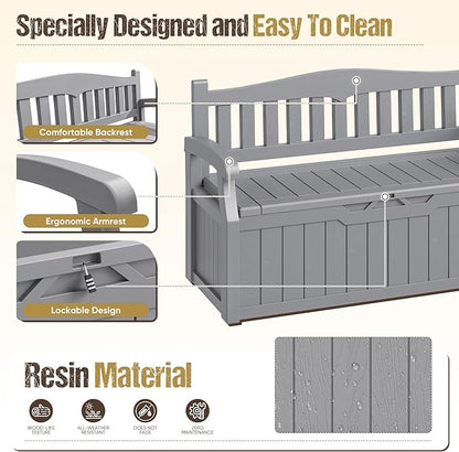 80-Gallon Outdoor Storage Bench, Waterproof Deck Box with Lockable Lid & Armrests for Patio, Garden, Pool, Gray