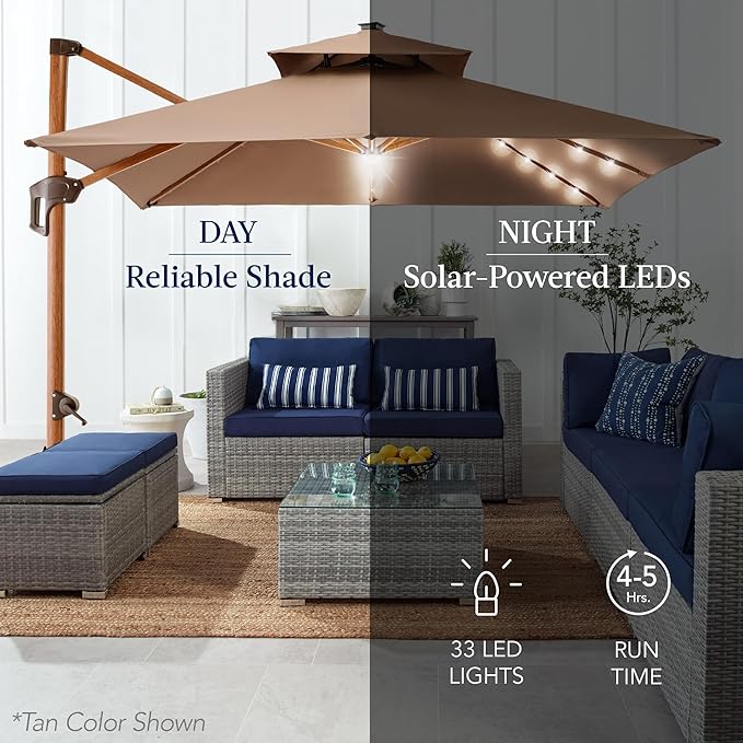 Best Choice Products 10ft Square Cantilever Patio Umbrella w/Base Included, Woodgrain Pattern Pole & Solar LED Lights, 360-Rotation, Offset Hanging Outdoor Shade - Red
