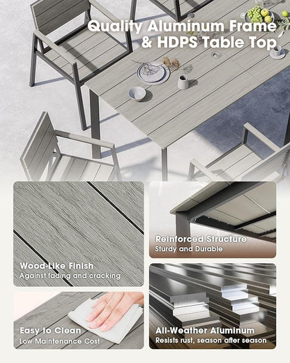 Outdoor Patio Dining Set for 6, Aluminum 7 Piece HDPS Patio Table and Chairs Set with Umbrella Hole, Modren Patio Furniture Set, Patio Dining Table and 6 Chairs (Classic Gray)