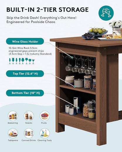SERWALL 3-Piece Outdoor Counter Height Bar Set, HDPE Patio Bar Table with Wine Rack & Storage Shelf, 2 All-Weather Bar Stools, Patio Bar Dining Furniture Set for 3, Brown