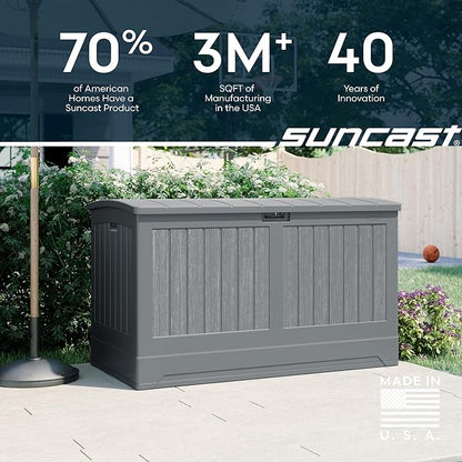 Suncast 200-gal. All-Weather Patio Deck Box, Made in the USA, with Pad-Lockable Lid, Extra-Large Outdoor Storage Unit for Patio Furniture and Grill Tools, Dove Gray Color