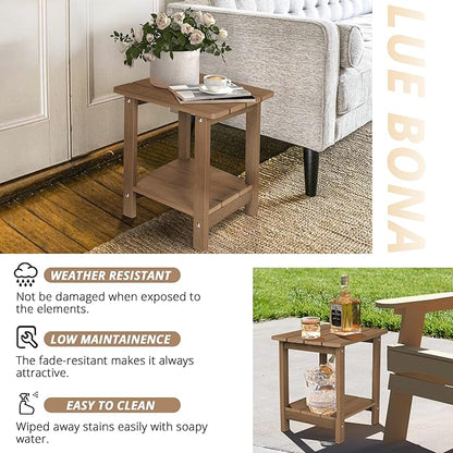 LUE BONA Adirondack Outdoor Side Table, 2-Tier Brown-Oil HDPS Patio End Table Weather Resistant, Morden Side Table for Patio, Pool, Porch