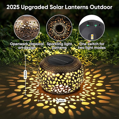 Solar Lanterns Waterproof Outdoor Decor: 2 Pack Hollow Out Retro Metal Solar Lights - Unique Gardening Gifts for Women Mom - Outside Garden Yard Patio Porch Tabletop Decorations 2 Lighting Colors