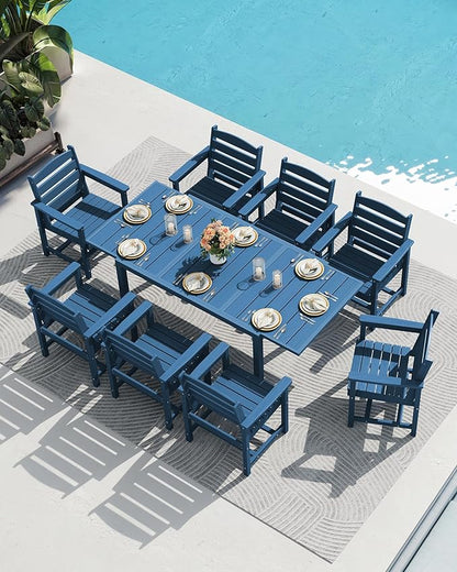 SERWALL 7-Piece Patio Dining Sets, 60" - 83" Expandable Outdoor Dining Table and 6 HDPE Chairs, All Weather HDPE Outdoor Furniture Set for Backyard, Garden, Blue