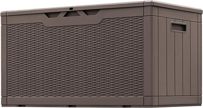 Greesum 100 Gallon Resin Patio Storage Box for Garden Tools, Outdoor Furniture Cushions, Pool Supplies, Dark Brown