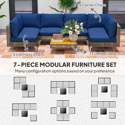 Outsunny 7 Piece Wicker Patio Furniture Set, Modular Outdoor Sectional with Thickened Cushions, Rattan Outdoor Furniture Conversation Set with Slatted Acacia Wood Table for Backyard, Brown/Dark Blue